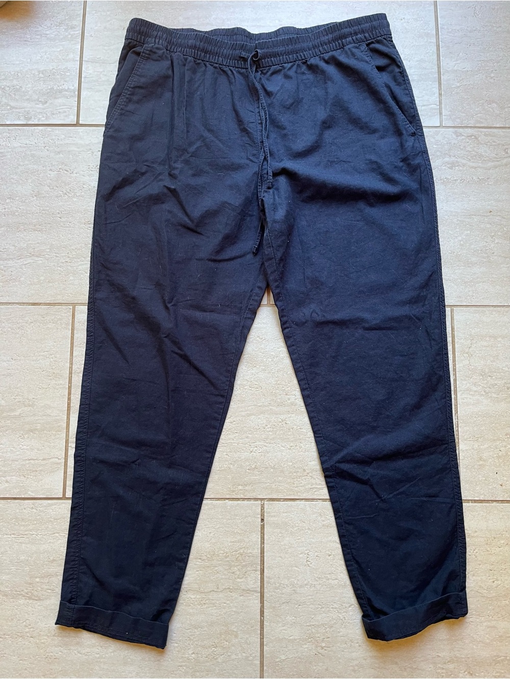 H&M Linen Cotton Jogger Pants Soft Black Drawstring Minimalist Parisian L